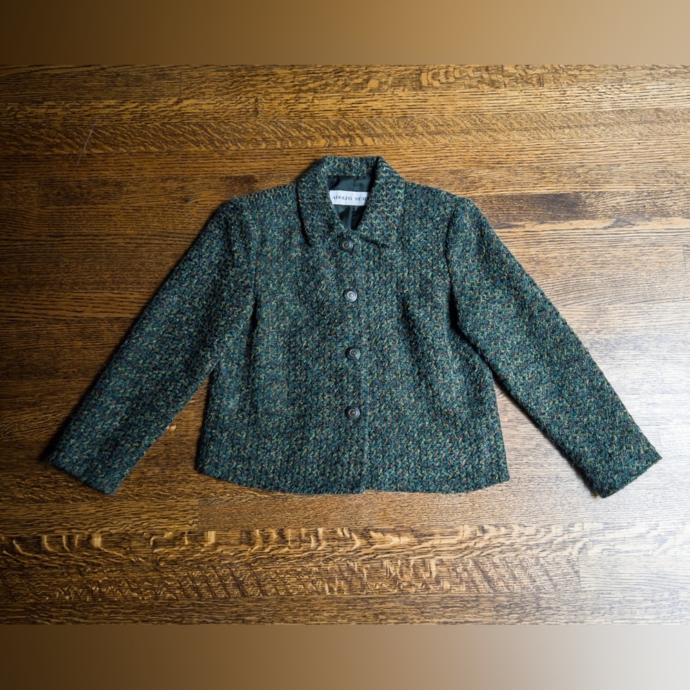 Retro Mohair Jacket, Cropped Short Forest Green Coat, Fuzzy Confetti Knit